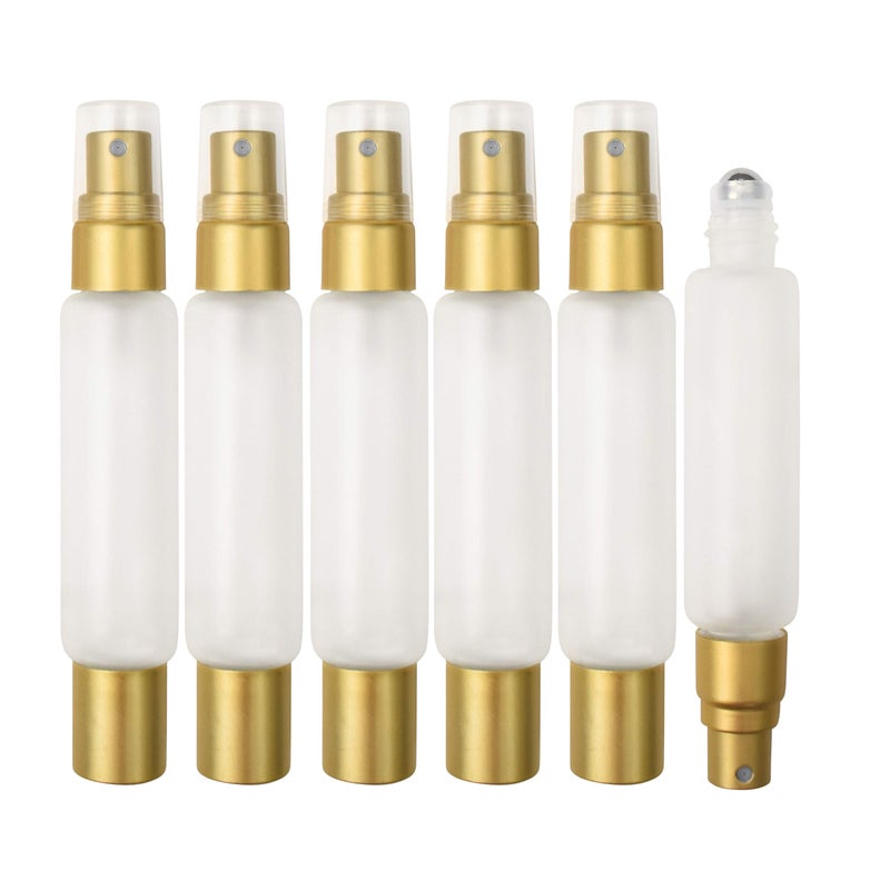 holistic oils 6-Pack Frosted Clear Glass Bottles with Dual Ends â€“ Sprayer & Roller Tops â€“ Leakproof, Quality Essential Oil & Perfume Bottles with Elegant Gold Accents â€“ Refillable Custom Blend Containers - Image 1